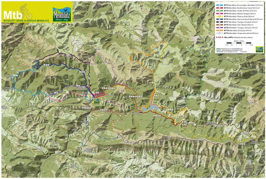 Affiche des itinéraires VTT de Mendilatz. Demande à nos dossiers pour officialiser votre hébergement